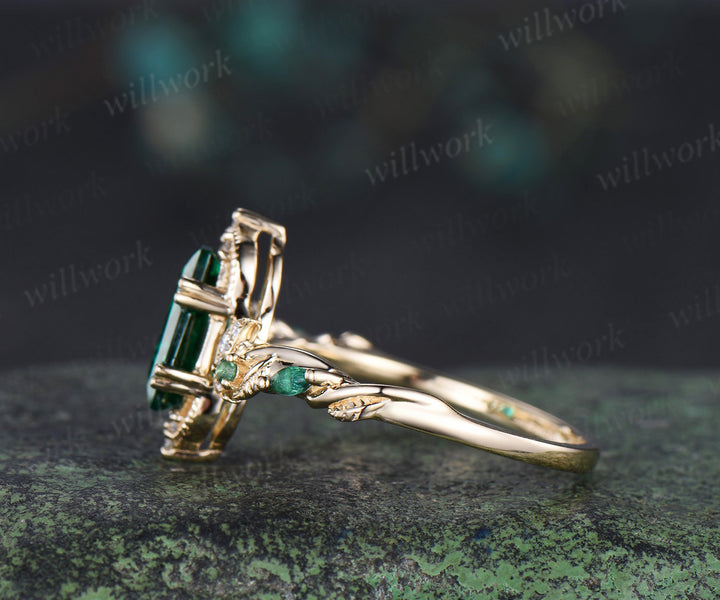 Coffin cut green emerald engagement ring 18k yellow gold Milgrain leaf twisted moon diamond wedding ring women gift