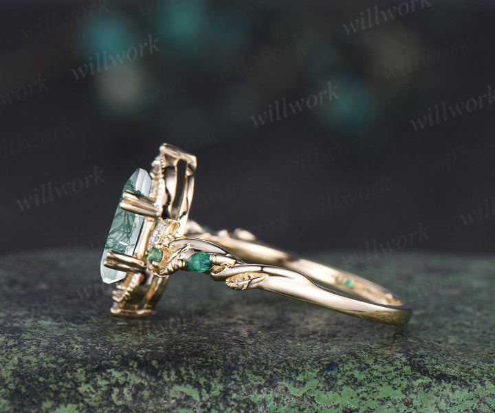 Coffin cut moss agate engagement ring 18k yellow gold Milgrain leaf twisted moon diamond emerald wedding ring women