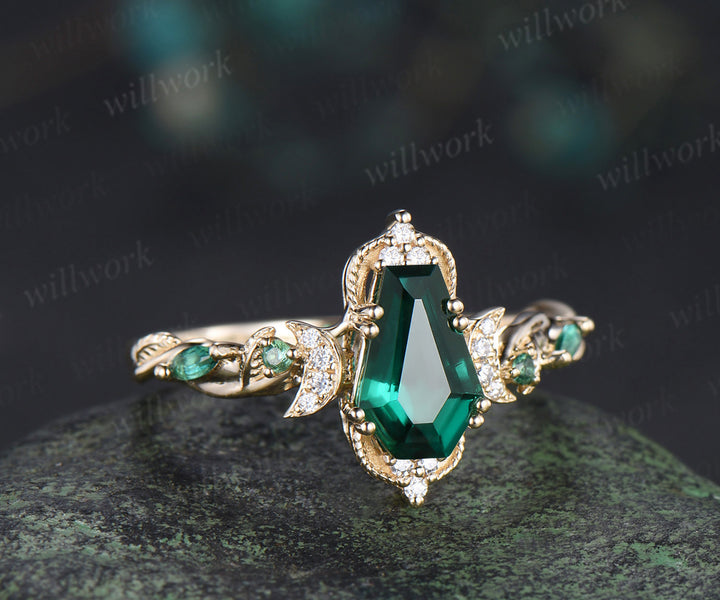 Coffin cut green emerald engagement ring 18k yellow gold Milgrain leaf twisted moon diamond wedding ring women gift