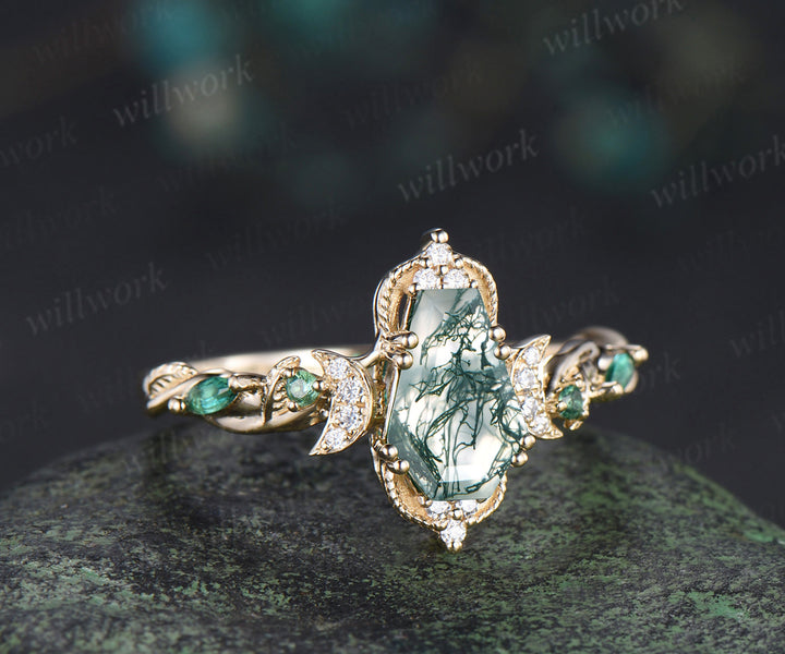 Coffin cut moss agate engagement ring 18k yellow gold Milgrain leaf twisted moon diamond emerald wedding ring women