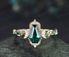 Coffin cut green emerald engagement ring 18k yellow gold Milgrain leaf twisted moon diamond wedding ring women gift
