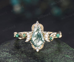 Coffin cut moss agate engagement ring 18k yellow gold Milgrain leaf twisted moon diamond emerald wedding ring women