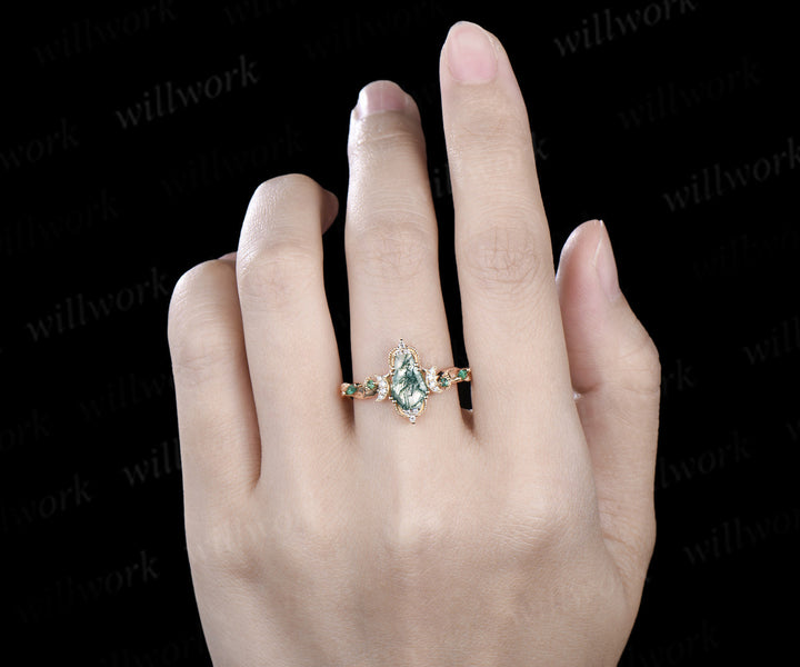 Coffin cut moss agate engagement ring 18k yellow gold Milgrain leaf twisted moon diamond emerald wedding ring women
