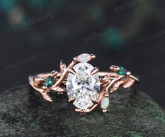 Oval cut IGI Certified lab-grown diamond leaf engagement ring solid rose gold opals emeralds ring nature inspired wedding ring promise anniversary gifts
