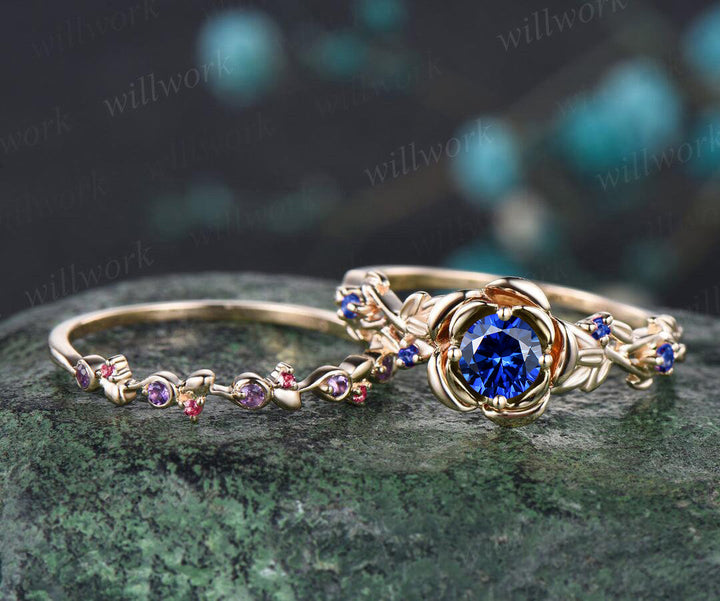 Unique Rose Flower Vine Twig Branch Nature Inspired Ring Sapphire Engagement Ring Ruby Amethyst Floral Leaf Wedding Band 2pcs Bridal Ring Set