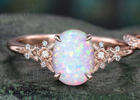 Vintage oval white opal engagement ring solid 14k rose gold leaf floral nature inspired diamond ring women unique bridal wedding ring set