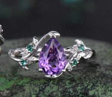 Vintage pear shaped amethyst engagement ring nature inspired leaf emerald white gold wedding band enhancer twisted bridal ring set women