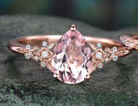 Vintage pear pink morganite engagement ring floral leaf diamond ring s WILLWORK JEWELRY