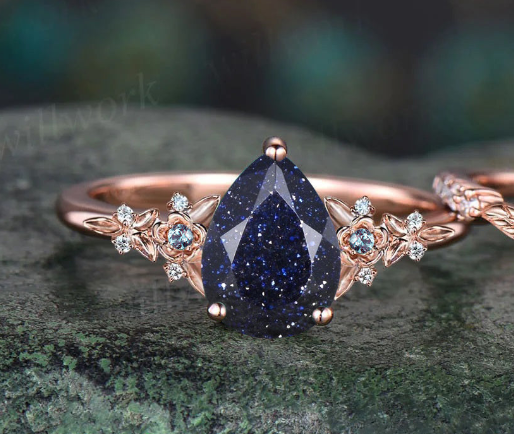 Unique Leaf Flower Nature Inspired Ring Teardrop Blue Sandstone Engagement Ring Set Art Deco Alexandrite Moissanite Galaxy Healing Jewelry