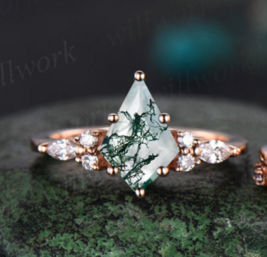 Kite cut moss agate engagement ring rose gold leaf alexandrite diamond wedding band enhancer unique anniversary bridal ring set women