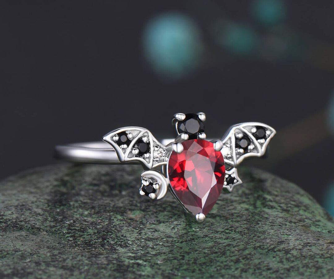 Gothic-style Halloween-themed Pear Cut Natural Ruby Ring Bat Ring Moon Star Promise Ring