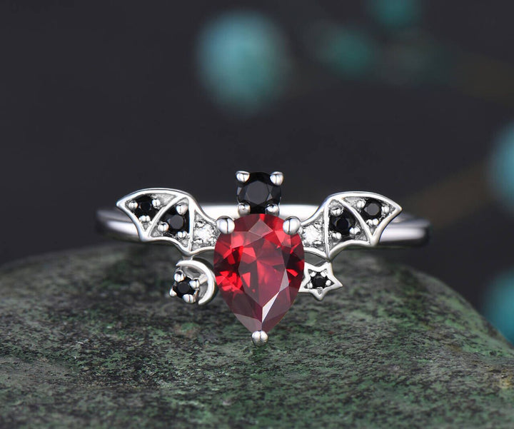 Gothic-style Halloween-themed Pear Cut Natural Ruby Ring Bat Ring Moon Star Promise Ring