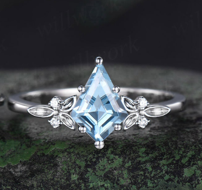 Kite cut Aquamarine ring vintage white gold unique engagement ring Celtic knot heart moon opal bridal anniversary ring set women jewelry