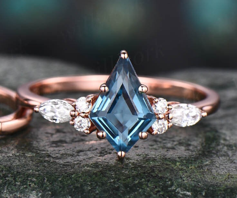 Kite cut London blue topaz engagement ring set vintage rose gold marquise moissanite ring set December birthstone ring anniversary ring