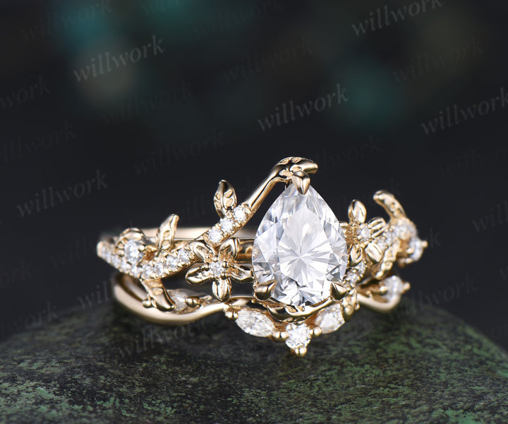 Pear cut moissanite engagement ring set vintage floral diamond ring women 14k yellow gold branch leaf bridal ring set