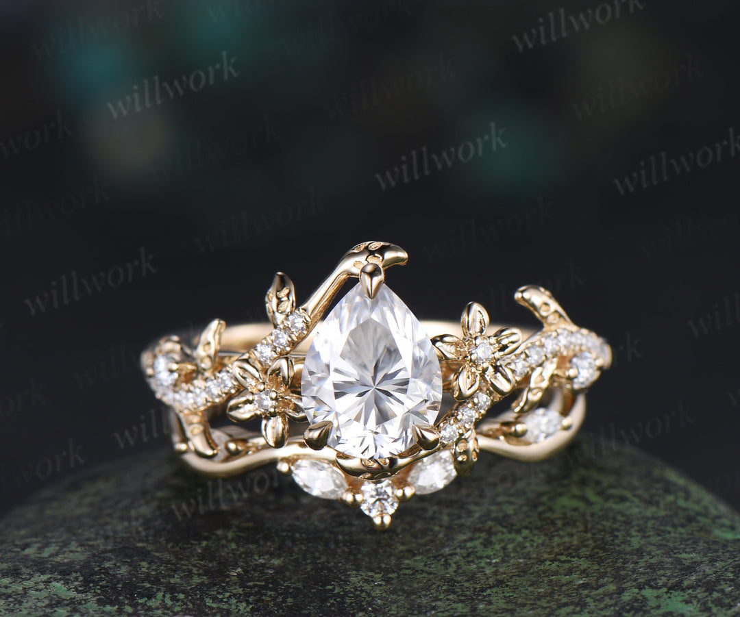 Pear cut moissanite engagement ring set vintage floral diamond ring women 14k yellow gold branch leaf bridal ring set