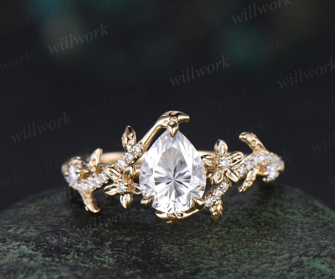 Pear cut moissanite engagement ring set vintage floral diamond ring women 14k yellow gold branch leaf bridal ring set