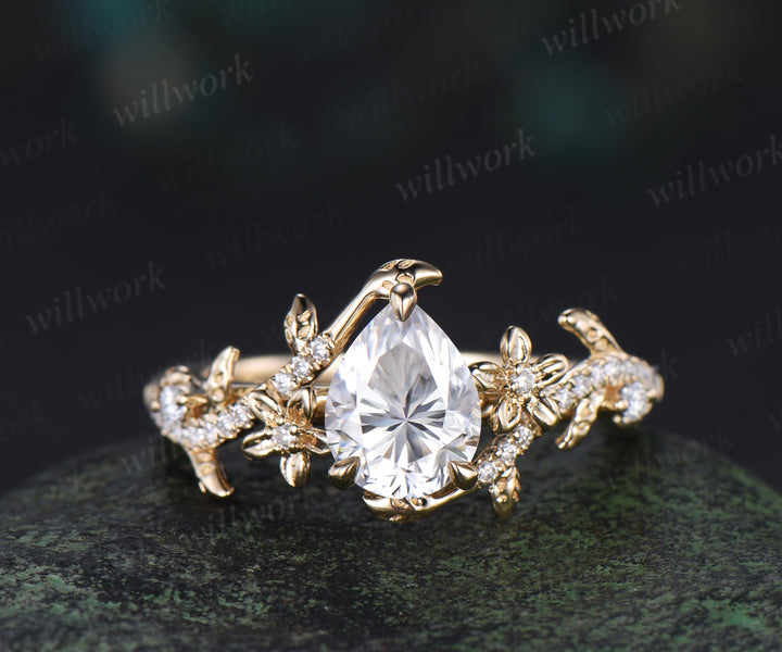 Pear cut moissanite engagement ring set vintage floral diamond ring women 14k yellow gold branch leaf bridal ring set