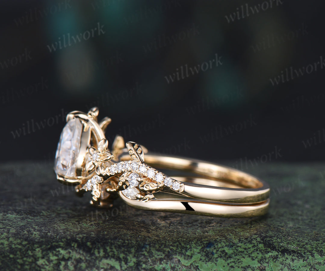 Pear cut moissanite engagement ring set vintage floral diamond ring women 14k yellow gold branch leaf bridal ring set