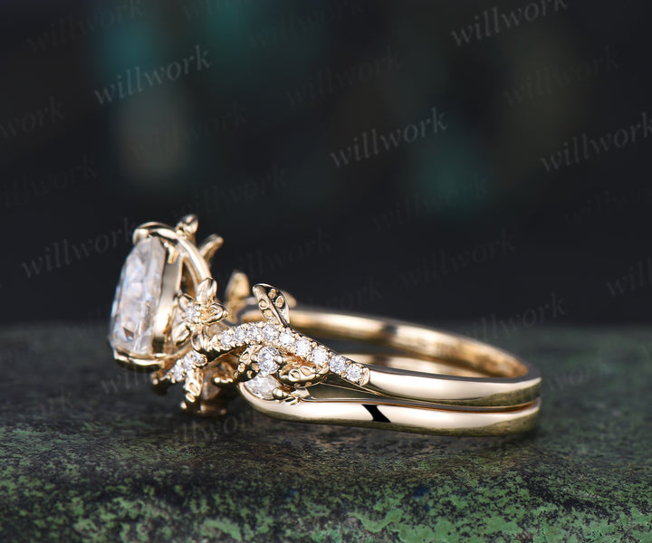 Pear cut moissanite engagement ring set vintage floral diamond ring women 14k yellow gold branch leaf bridal ring set