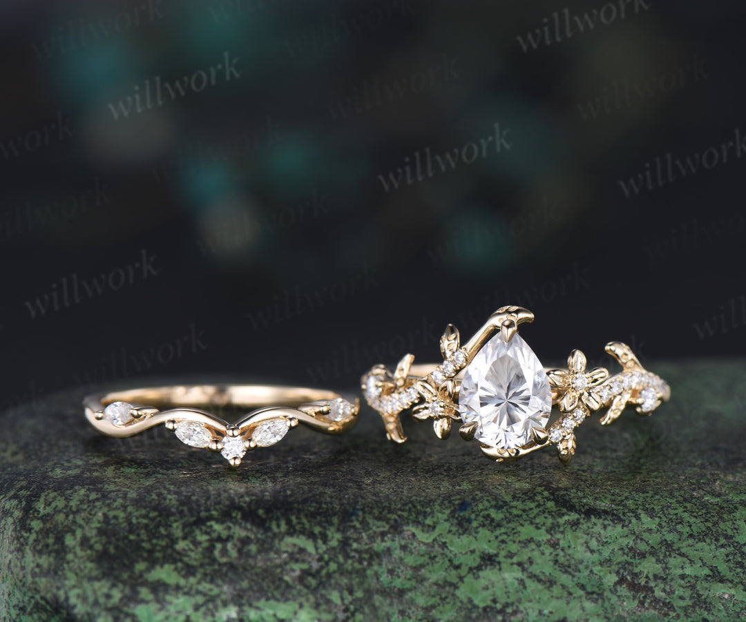 Pear cut moissanite engagement ring set vintage floral diamond ring women 14k yellow gold branch leaf bridal ring set