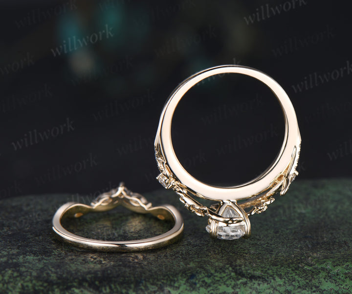 Pear cut moissanite engagement ring set vintage floral diamond ring women 14k yellow gold branch leaf bridal ring set