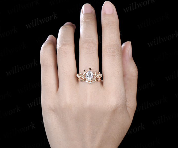 Pear cut moissanite engagement ring set vintage floral diamond ring women 14k yellow gold branch leaf bridal ring set