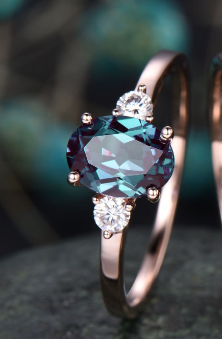 Unique vintage oval cut Alexandrite engagement ring set 14k rose