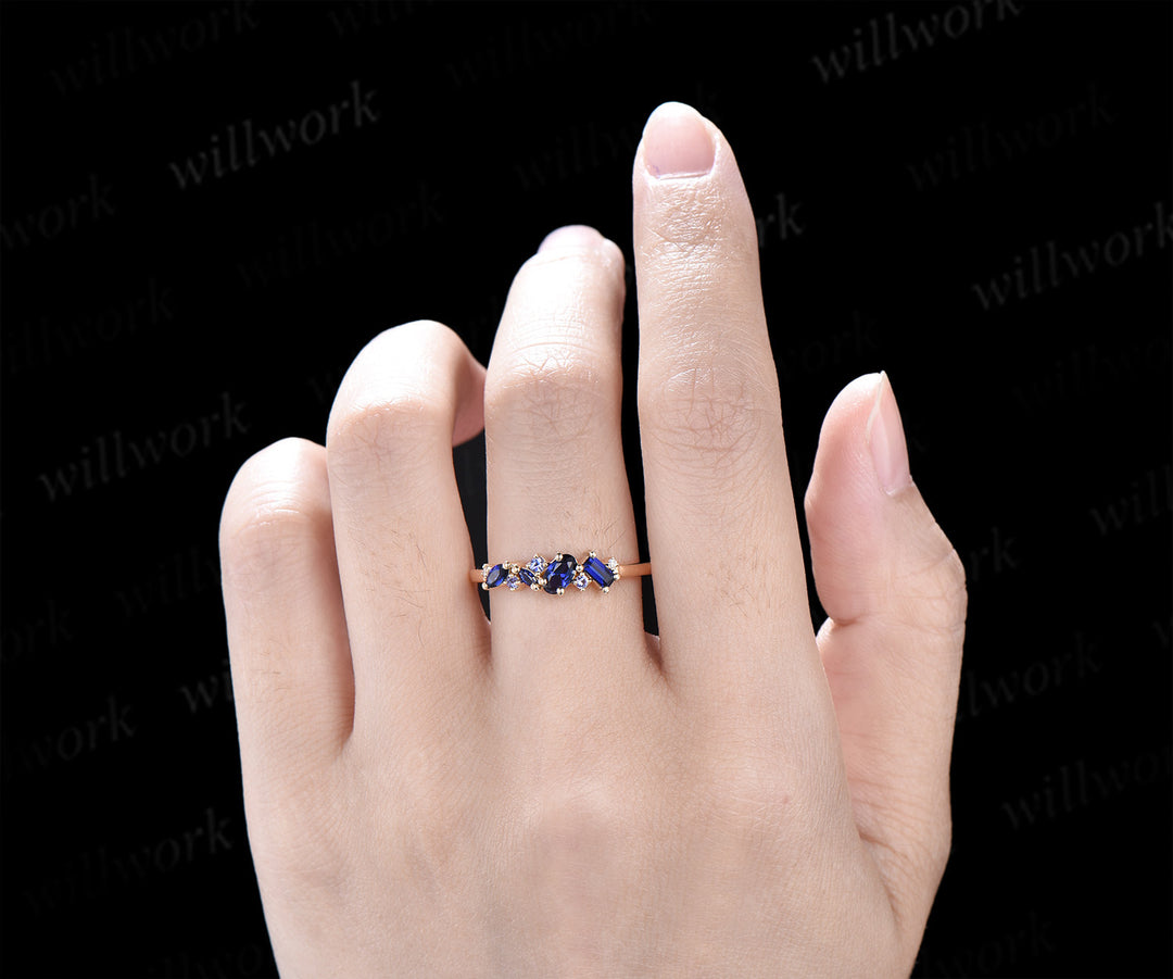 Unique baguette cut sapphire wedding band tanzanite moissanite solid 14k yellow gold half cluster ring stackable matching band for women