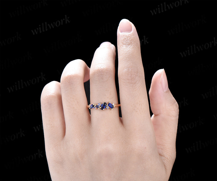 Unique baguette cut sapphire wedding band tanzanite moissanite solid 14k yellow gold half cluster ring stackable matching band for women