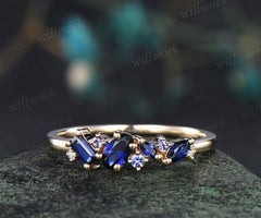 Unique baguette cut sapphire wedding band tanzanite moissanite solid 14k yellow gold half cluster ring stackable matching band for women
