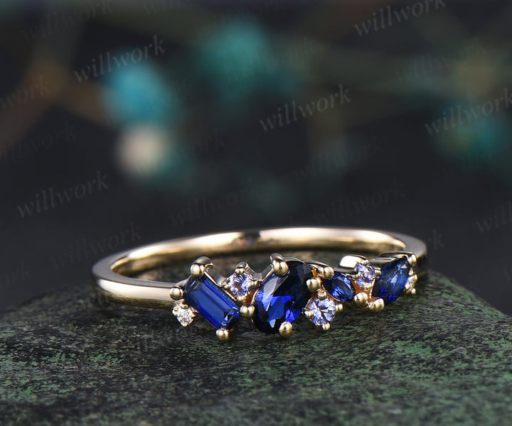 Unique baguette cut sapphire wedding band tanzanite moissanite solid 14k yellow gold half cluster ring stackable matching band for women