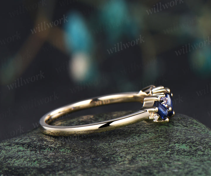 Unique baguette cut sapphire wedding band tanzanite moissanite solid 14k yellow gold half cluster ring stackable matching band for women