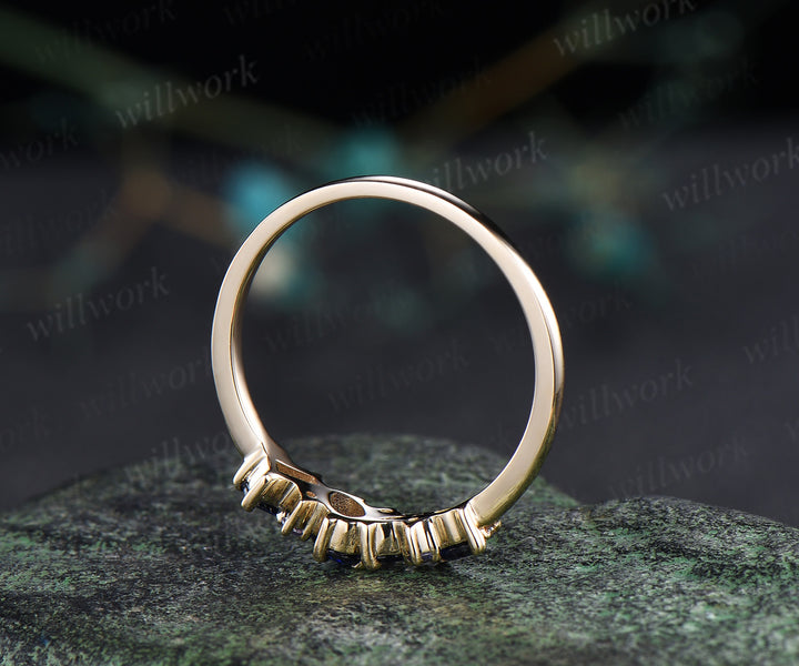Unique baguette cut sapphire wedding band tanzanite moissanite solid 14k yellow gold half cluster ring stackable matching band for women