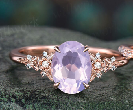 Vintage oval Lavender Amethyst engagement ring set 14k rose gold leaf floral nature inspired diamond ring unique promise wedding ring women