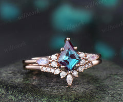 Vintage Alexandrite engagement ring set kite cut ring rose gold art deco marquise cut V prong moonstone ring  moissanite wedding ring bridal set