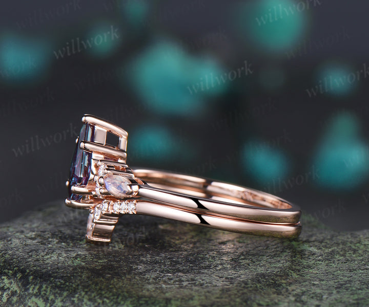 Vintage Alexandrite engagement ring set kite cut ring rose gold art deco marquise cut V prong moonstone ring  moissanite wedding ring bridal set