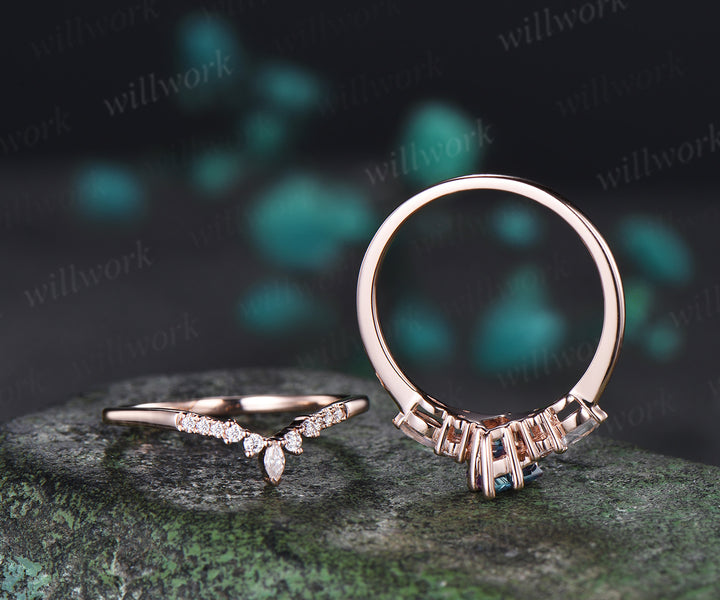 Vintage Alexandrite engagement ring set kite cut ring rose gold art deco marquise cut V prong moonstone ring  moissanite wedding ring bridal set