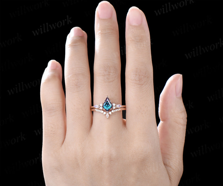 Vintage Alexandrite engagement ring set kite cut ring rose gold art deco marquise cut V prong moonstone ring  moissanite wedding ring bridal set