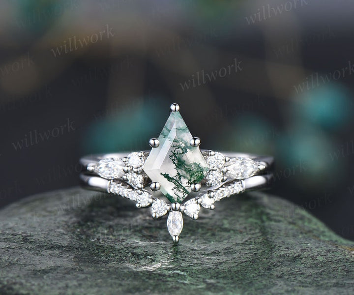 READY TO SHIP: 2PC Kite Moss Agate Engagement Ring Set - 10k Rose Gold - Ring Size:6.5 US