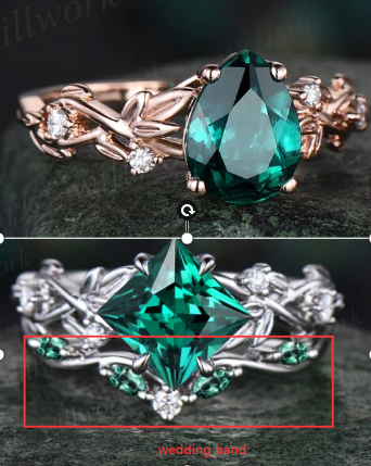 Custom order pear shaped emerald engagement ring set 10k white gold with wedding band ring size 7