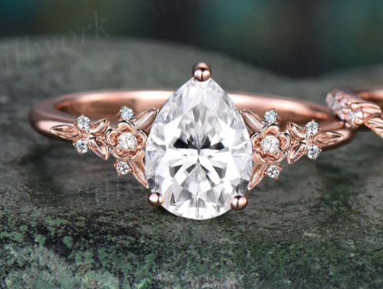 Vintage Pear Lab Grown Diamond Engagement Ring Leaf Flower Nature Inspired Ring Women Unique Bridal Wedding Ring Set