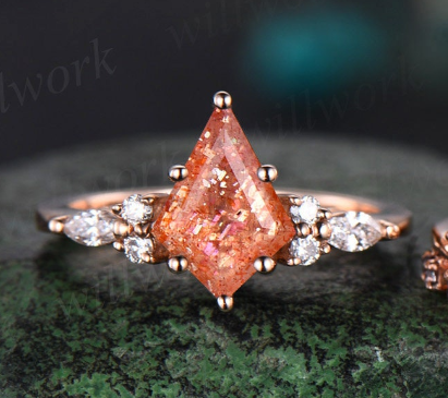 Kite cut sunstone engagement ring rose gold leaf alexandrite diamond wedding band enhancer unique anniversary bridal ring set women