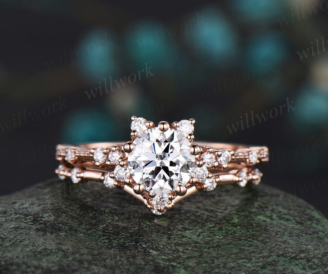 1ct round cut Lab grown diamond engagement ring set stacking snowflake cluster diamond bridal ring set women