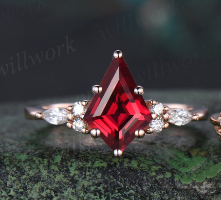 Unique kite cut red ruby engagement ring twig leaf rose gold diamond enhancer wedding anniversary ring women 6 prong gemstone gift