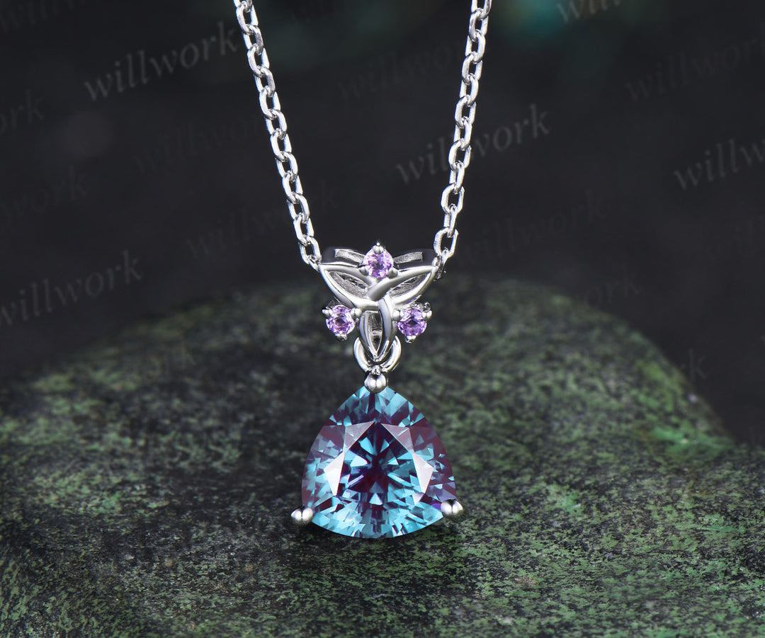 Trilliant cut 2ct alexandrite Necklace 14k white gold Celtic knot amethyst Pendant women color change gemstone anniversary gift