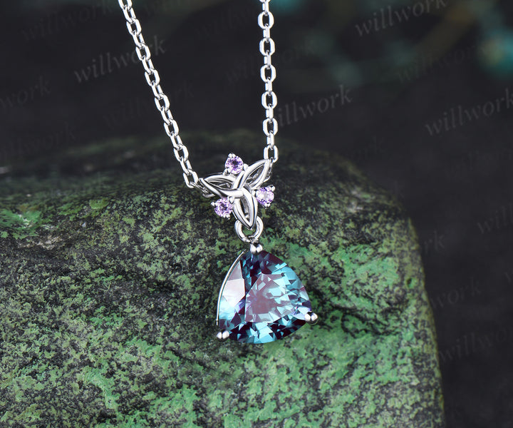 Trilliant cut 2ct alexandrite Necklace 14k white gold Celtic knot amethyst Pendant women color change gemstone anniversary gift