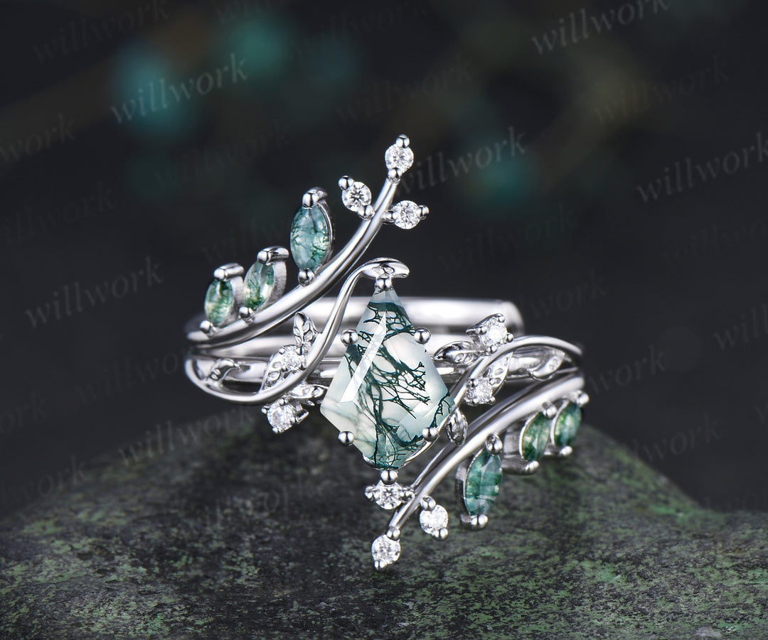 Unique kite cut moss agate leaf engagement ring set twig nature inspired 14k black gold diamond enhancer wedding ring band women