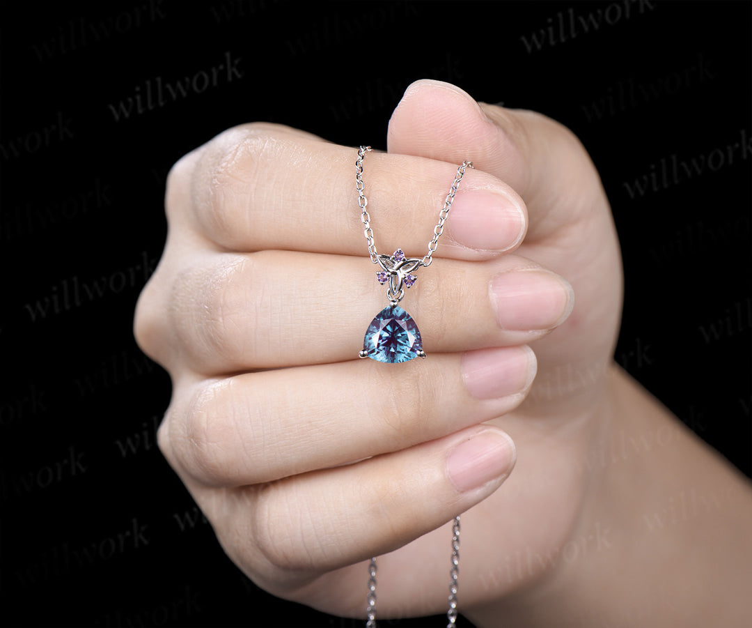 Trilliant cut 2ct alexandrite Necklace 14k white gold Celtic knot amethyst Pendant women color change gemstone anniversary gift