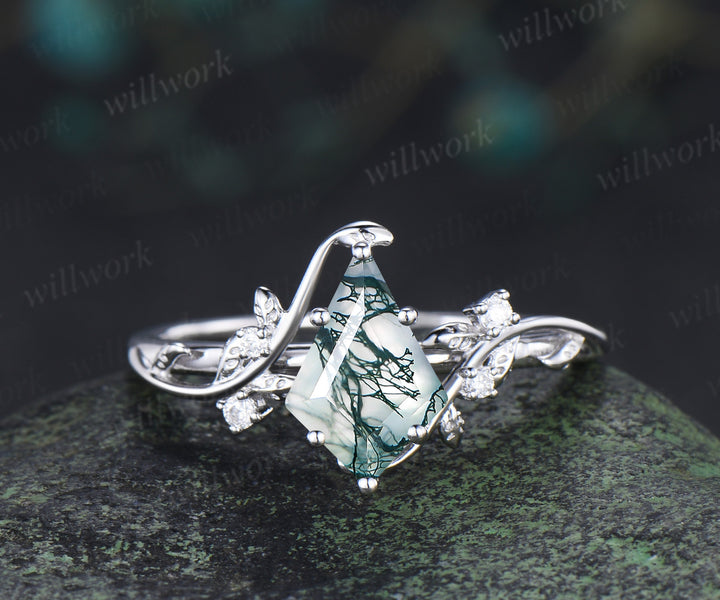 Unique kite cut moss agate leaf engagement ring set twig nature inspired 14k black gold diamond enhancer wedding ring band women